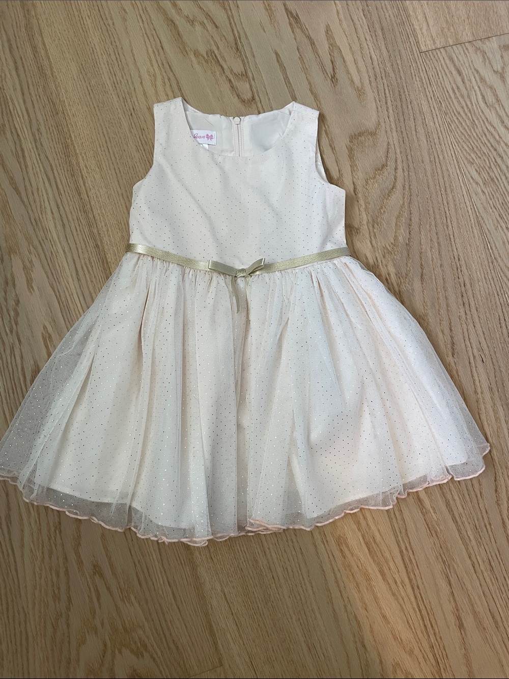 Girls Cream Sparkle Tulle Dress with Gold Bow